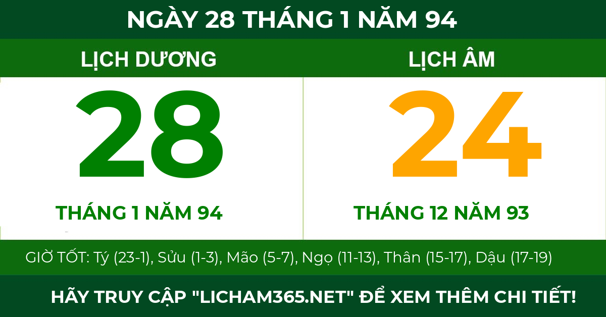 lịch âm ngày 28 tháng 1 năm 94