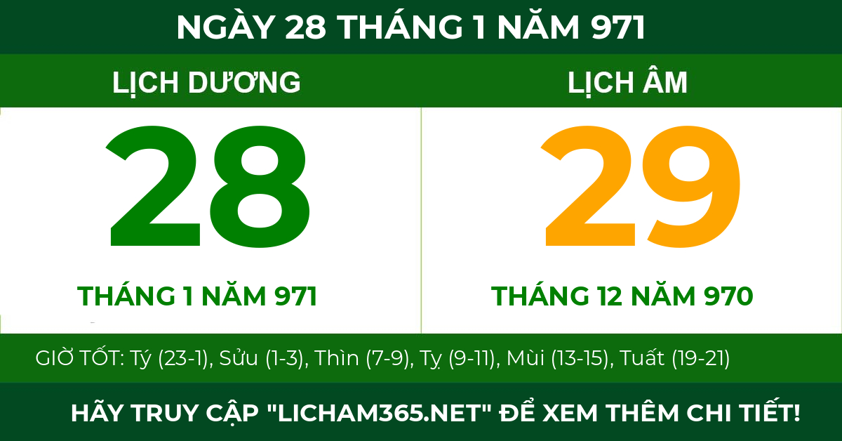 lịch âm ngày 28 tháng 1 năm 971