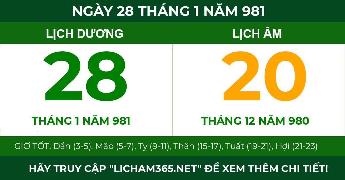 lịch âm ngày 28 tháng 1 năm 981