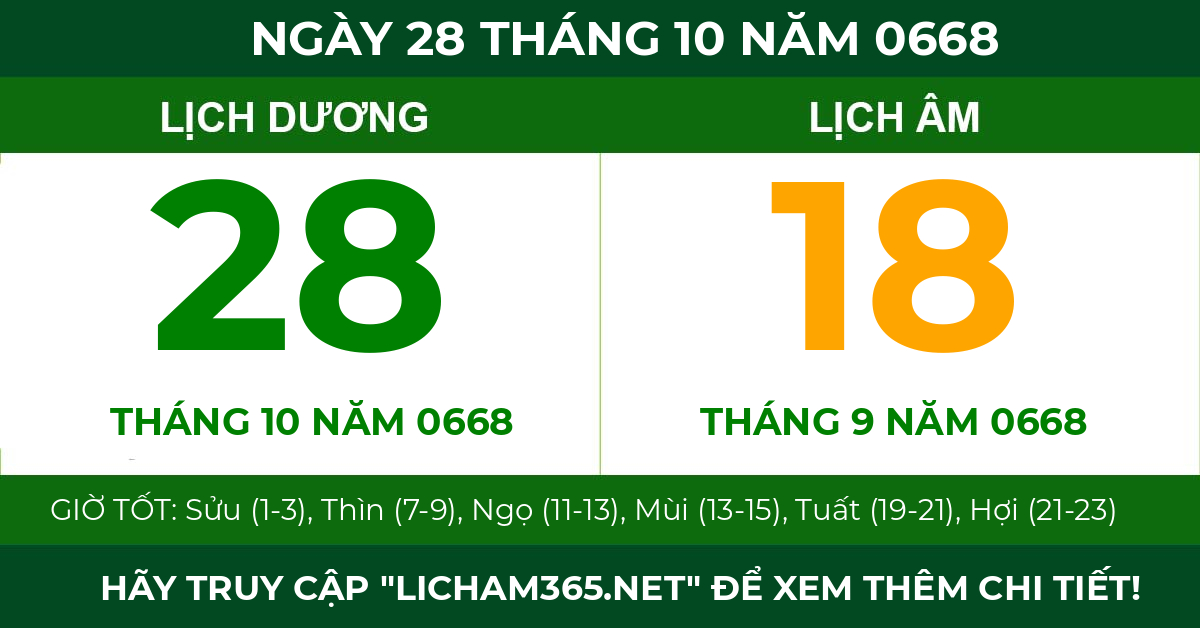 lịch âm ngày 28 tháng 10 năm 0668