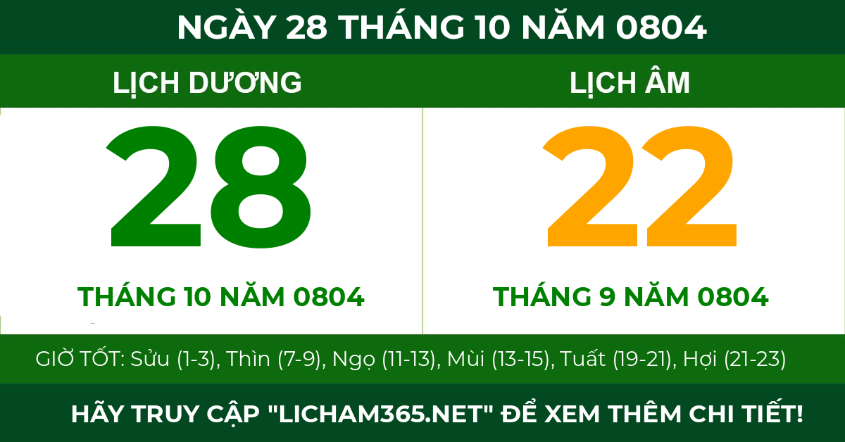 lịch âm ngày 28 tháng 10 năm 0804