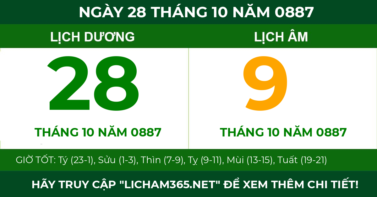 lịch âm ngày 28 tháng 10 năm 0887