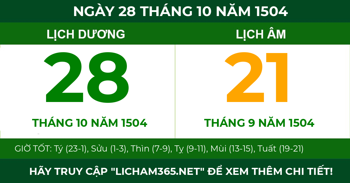 lịch âm ngày 28 tháng 10 năm 1504