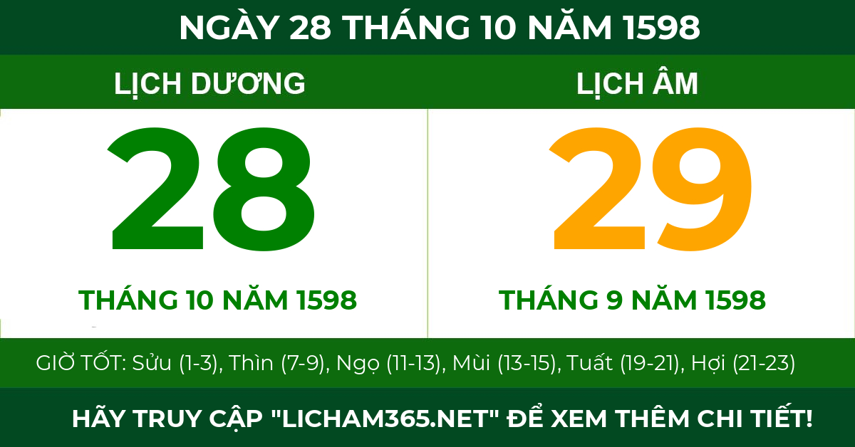 lịch âm ngày 28 tháng 10 năm 1598