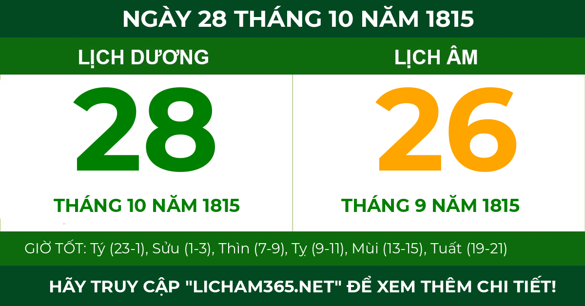 lịch âm ngày 28 tháng 10 năm 1815