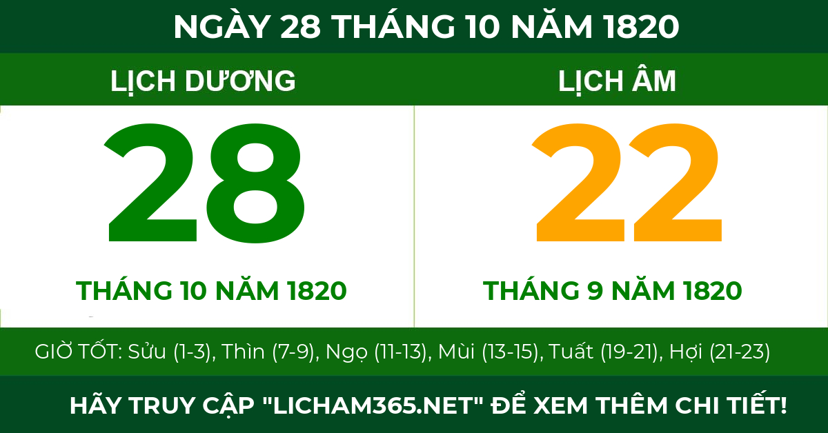 lịch âm ngày 28 tháng 10 năm 1820