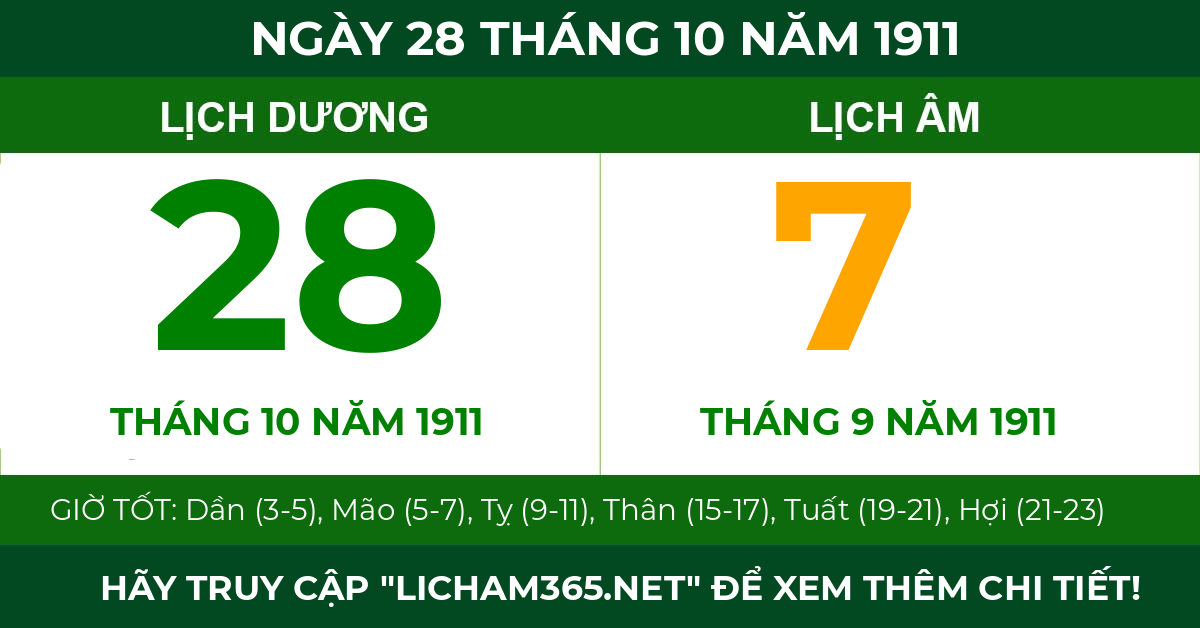 lịch âm ngày 28 tháng 10 năm 1911