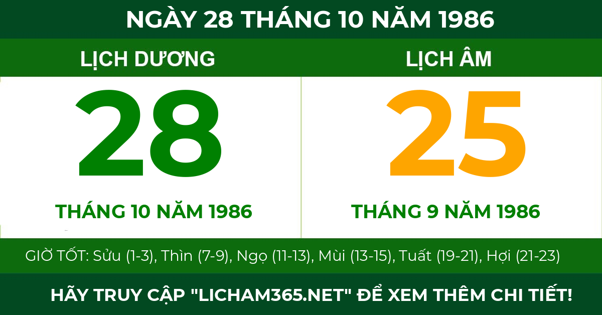 lịch âm ngày 28 tháng 10 năm 1986