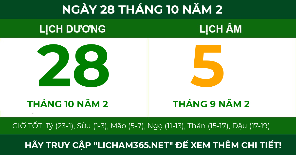lịch âm ngày 28 tháng 10 năm 2