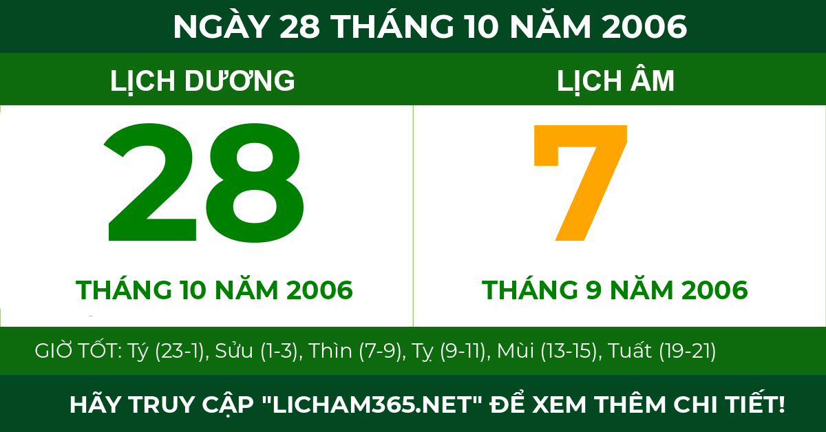 lịch âm ngày 28 tháng 10 năm 2006