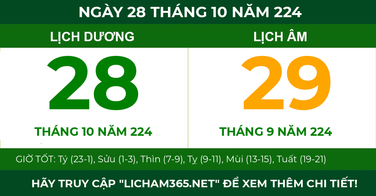lịch âm ngày 28 tháng 10 năm 224