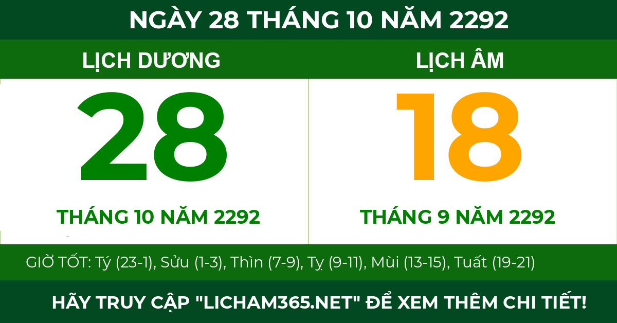 lịch âm ngày 28 tháng 10 năm 2292