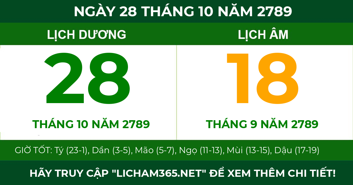 lịch âm ngày 28 tháng 10 năm 2789