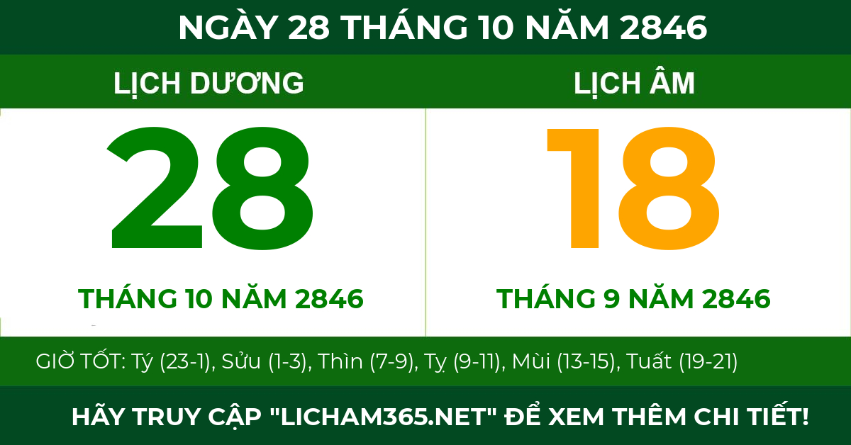 lịch âm ngày 28 tháng 10 năm 2846