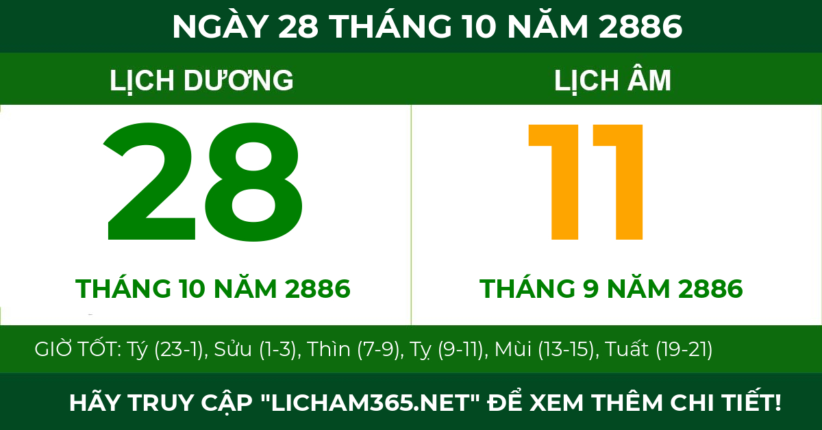 lịch âm ngày 28 tháng 10 năm 2886