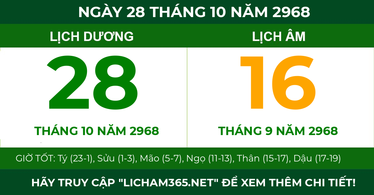 lịch âm ngày 28 tháng 10 năm 2968