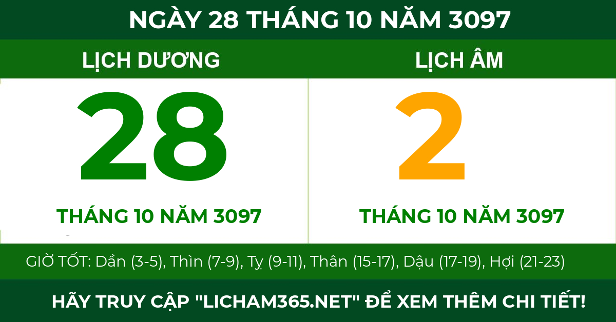 lịch âm ngày 28 tháng 10 năm 3097