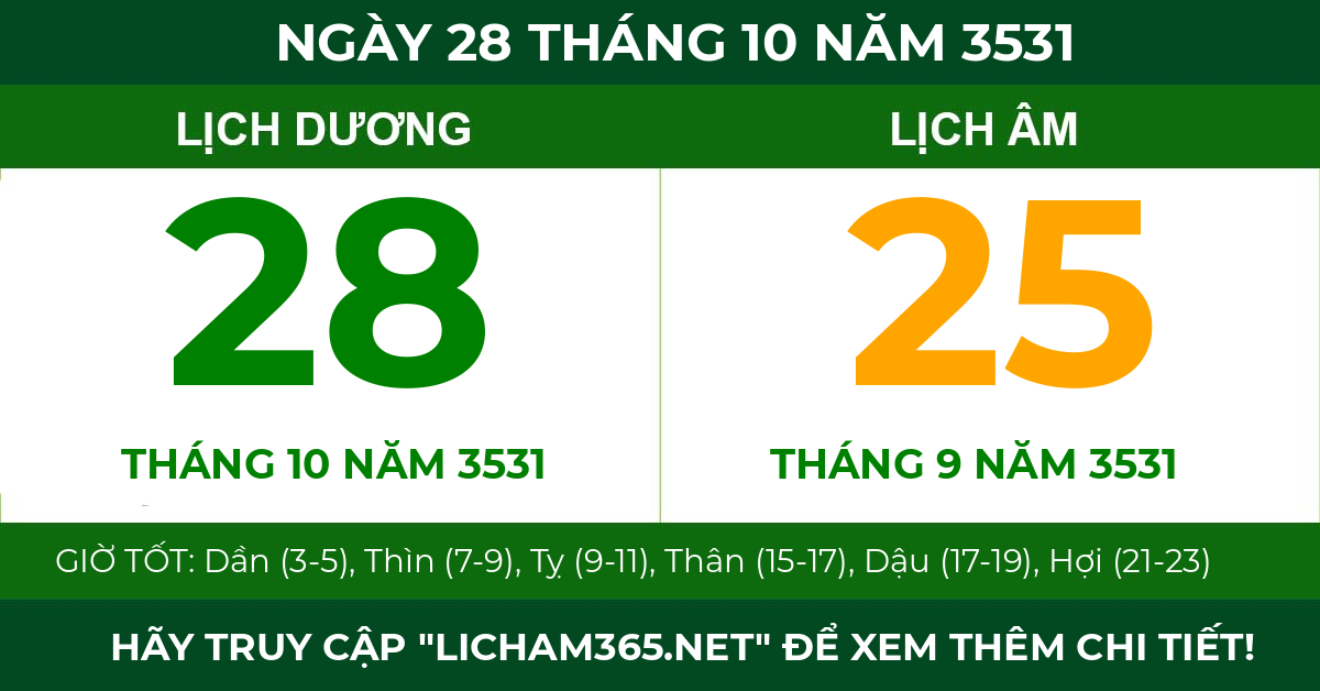 lịch âm ngày 28 tháng 10 năm 3531
