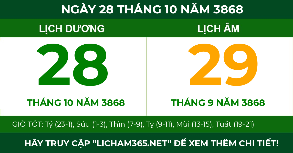 lịch âm ngày 28 tháng 10 năm 3868