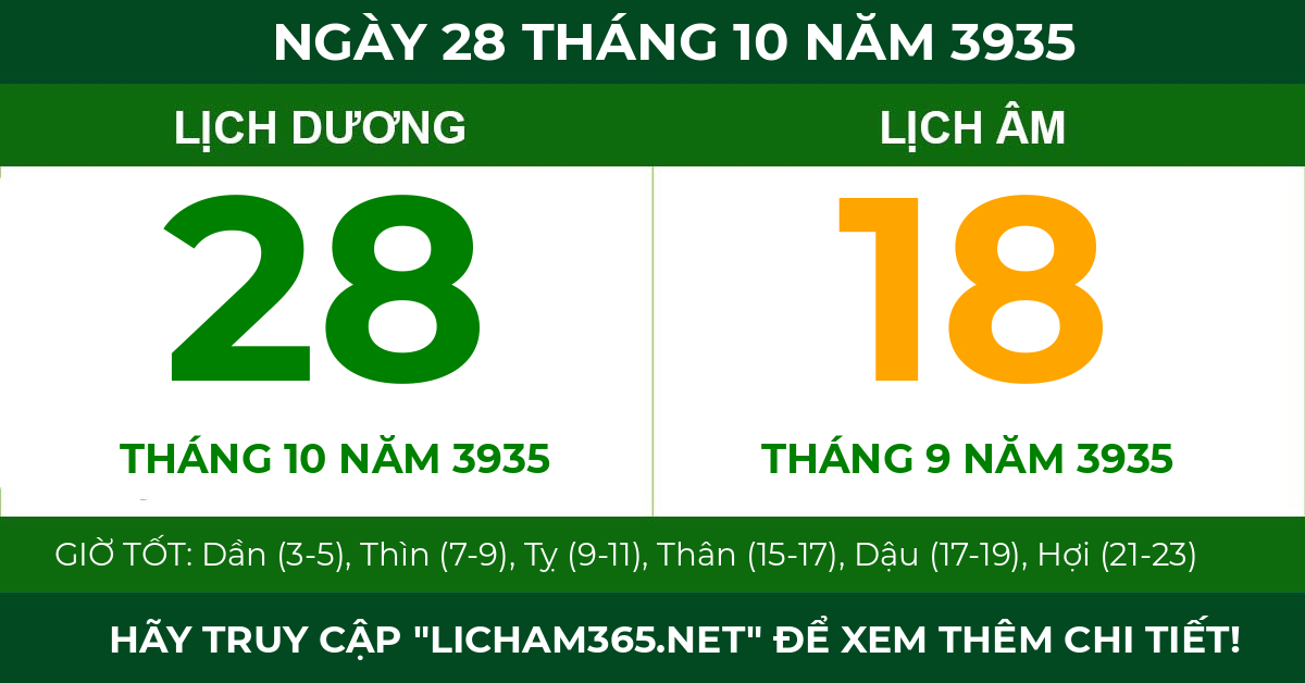 lịch âm ngày 28 tháng 10 năm 3935