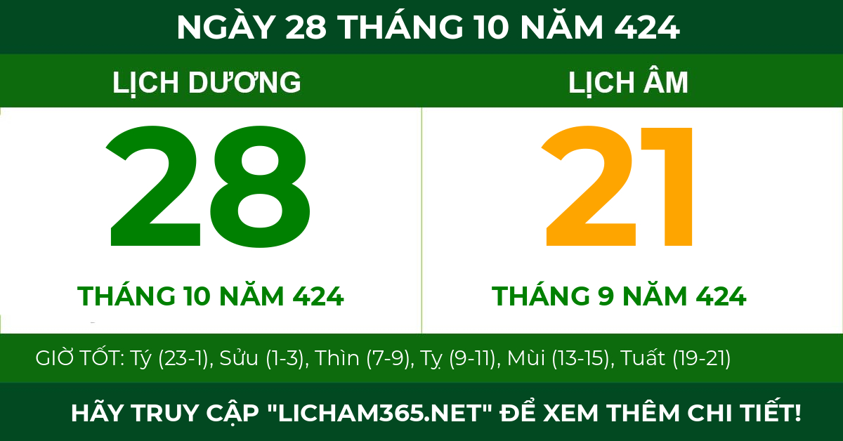 lịch âm ngày 28 tháng 10 năm 424