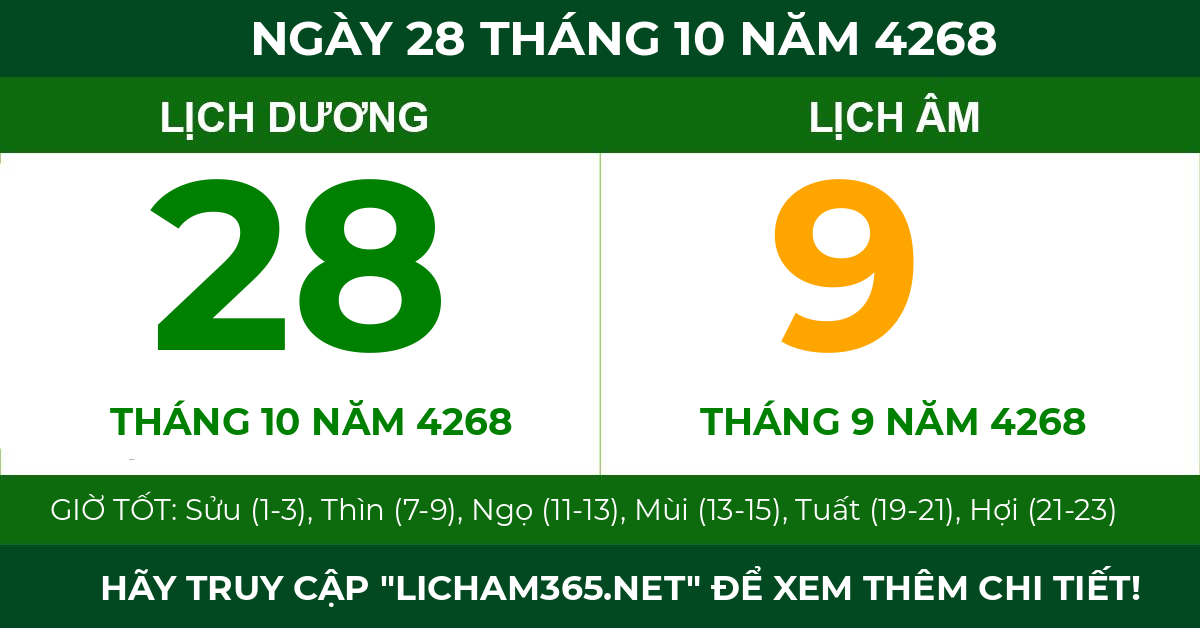 lịch âm ngày 28 tháng 10 năm 4268