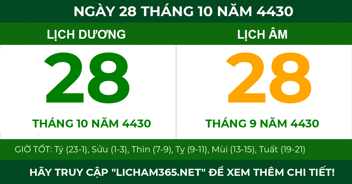 lịch âm ngày 28 tháng 10 năm 4430