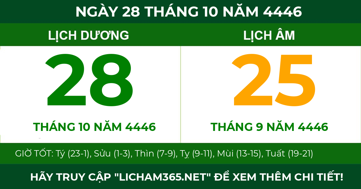 lịch âm ngày 28 tháng 10 năm 4446