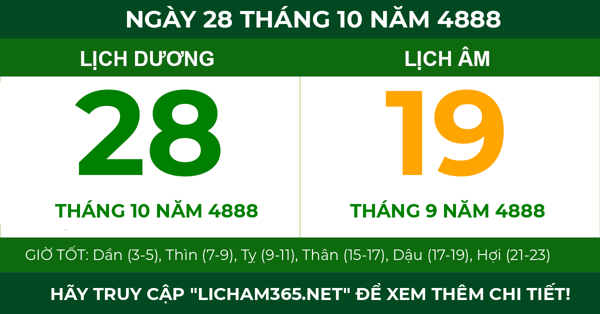 lịch âm ngày 28 tháng 10 năm 4888