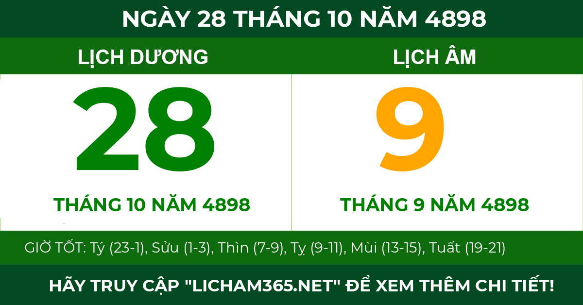 lịch âm ngày 28 tháng 10 năm 4898
