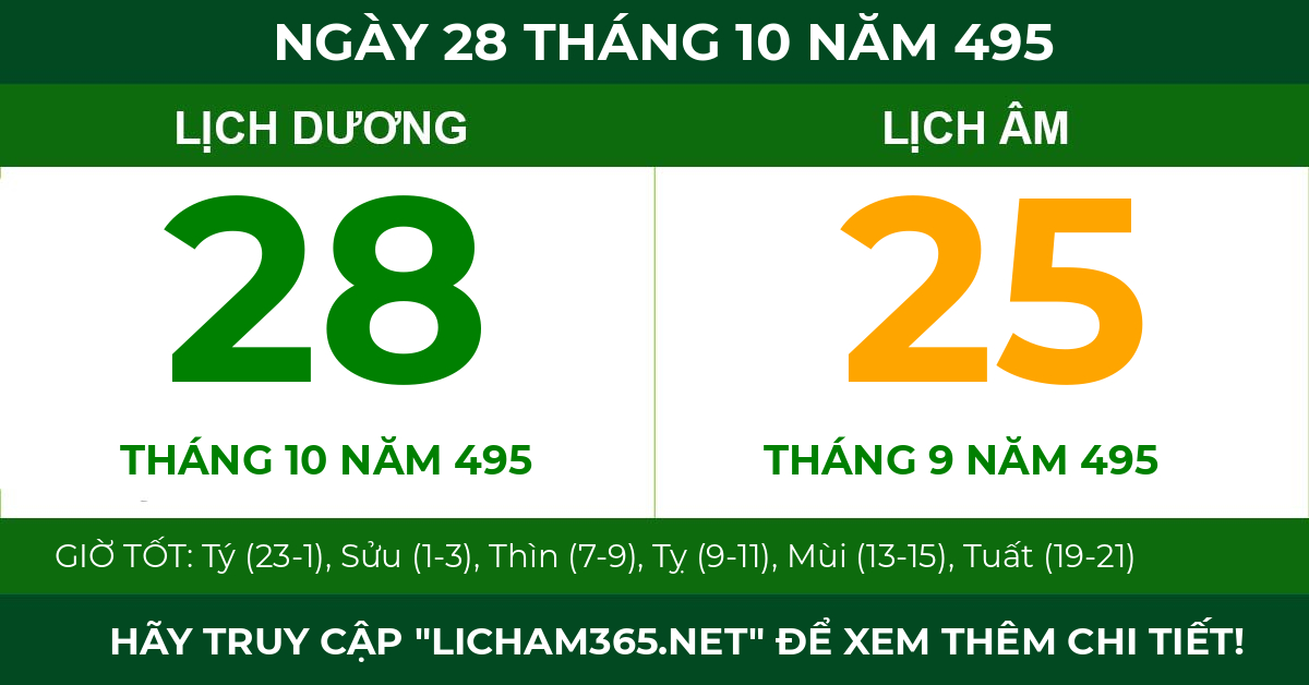 lịch âm ngày 28 tháng 10 năm 495