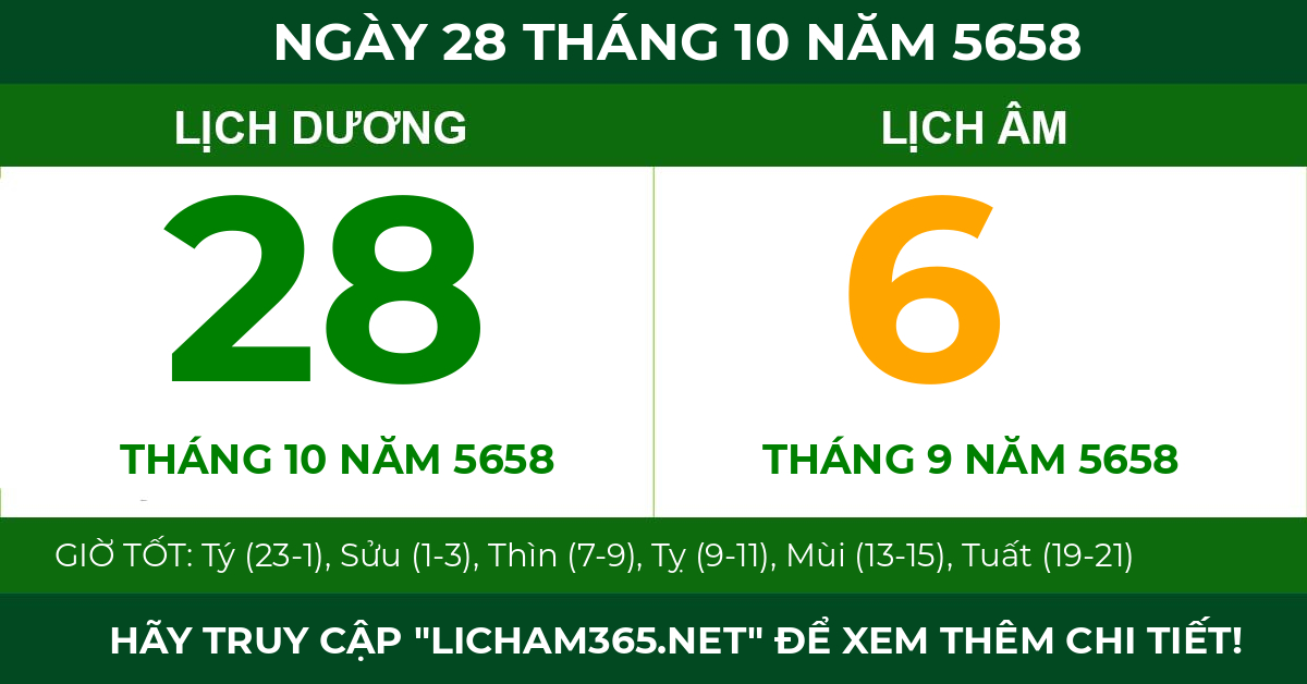 lịch âm ngày 28 tháng 10 năm 5658