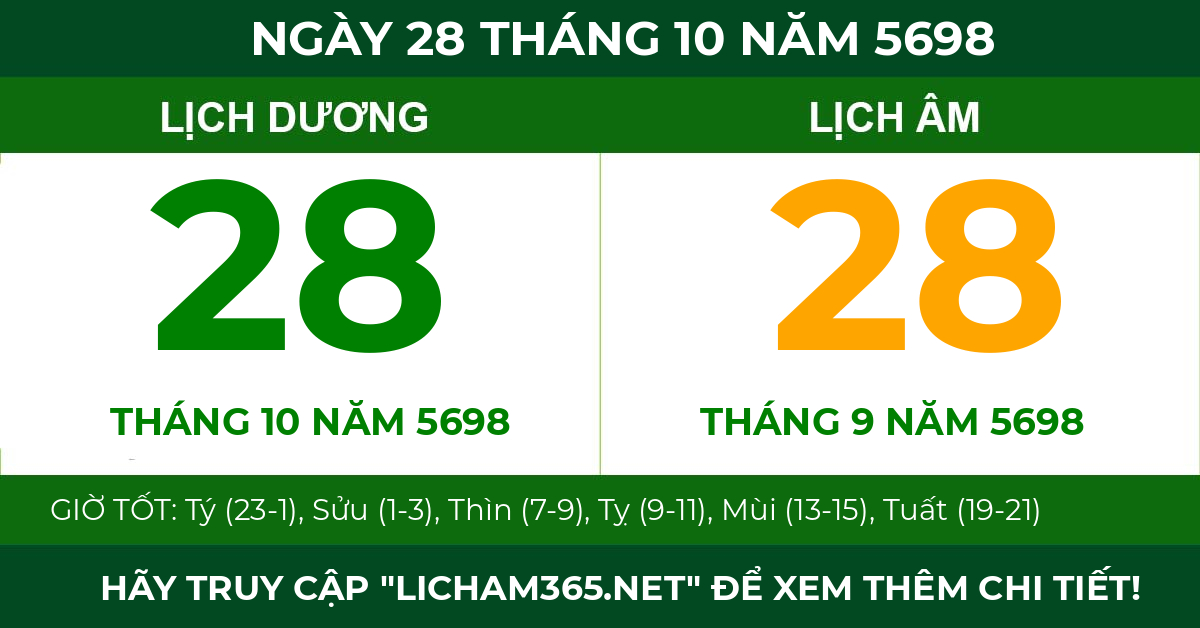lịch âm ngày 28 tháng 10 năm 5698