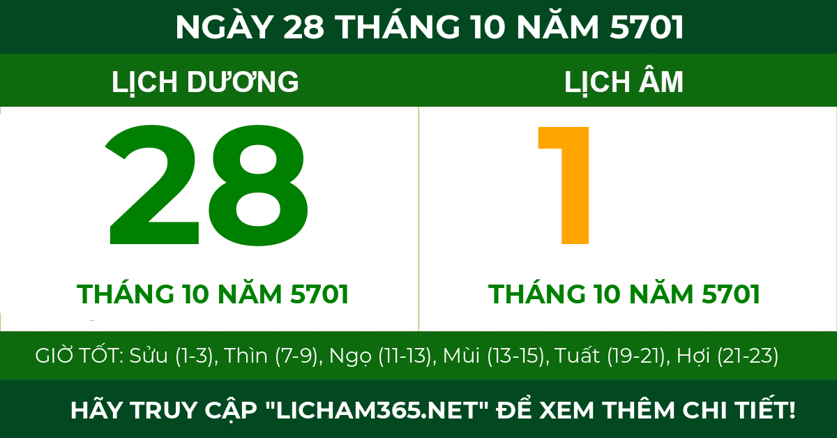 lịch âm ngày 28 tháng 10 năm 5701