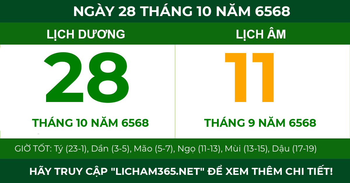 lịch âm ngày 28 tháng 10 năm 6568