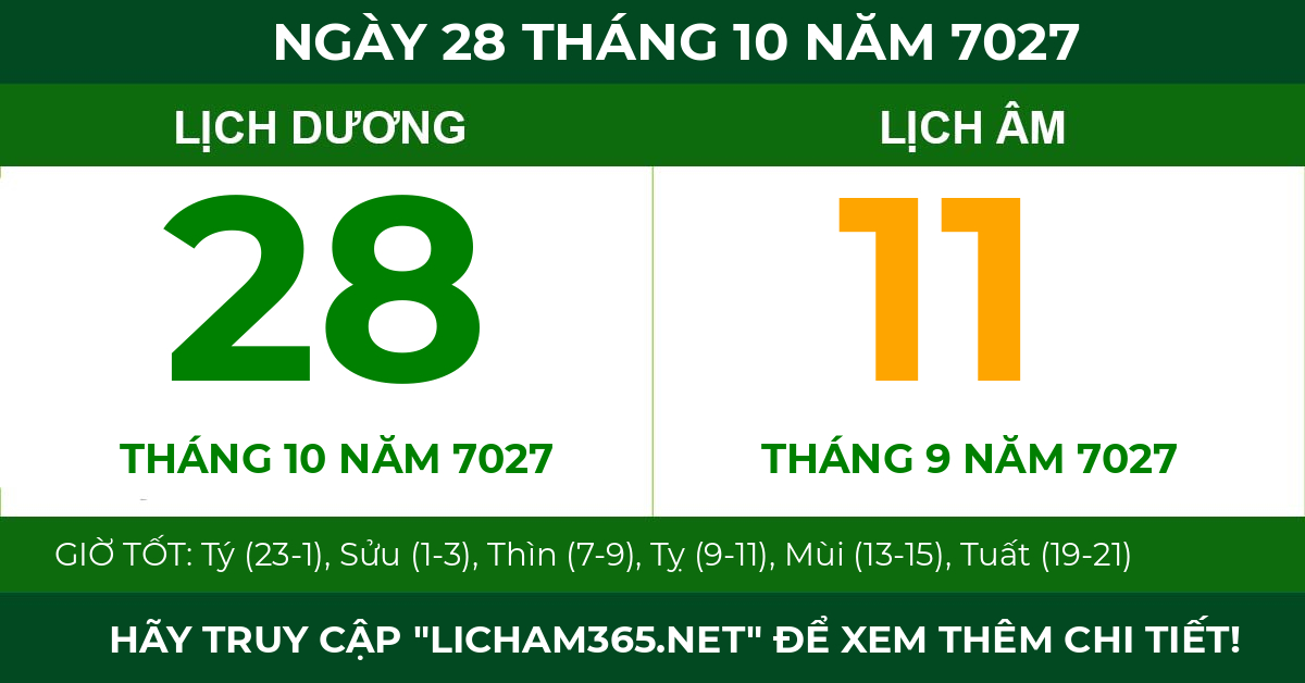 lịch âm ngày 28 tháng 10 năm 7027