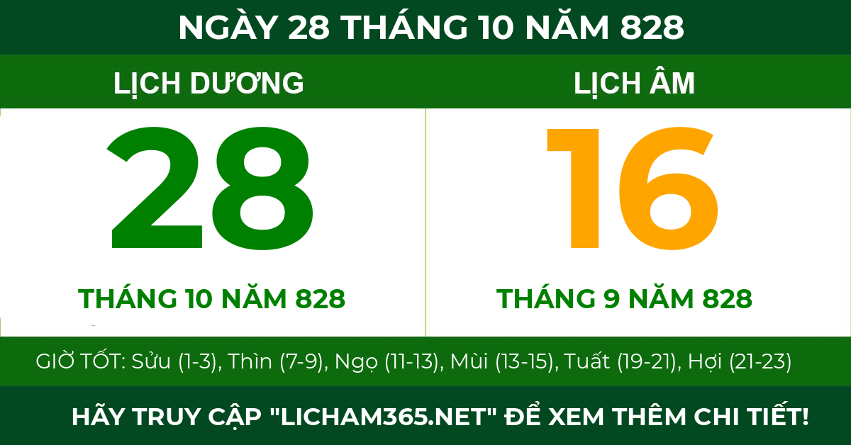 lịch âm ngày 28 tháng 10 năm 828