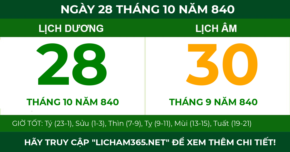 lịch âm ngày 28 tháng 10 năm 840