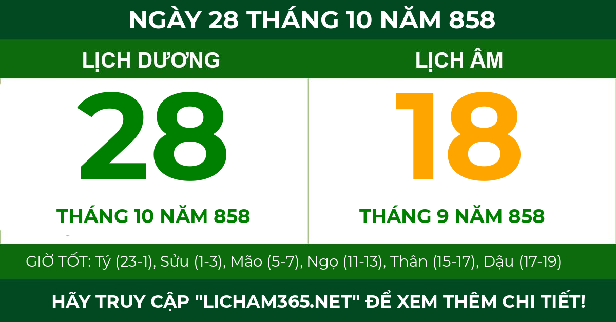 lịch âm ngày 28 tháng 10 năm 858