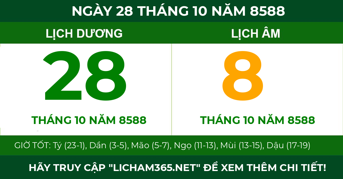 lịch âm ngày 28 tháng 10 năm 8588