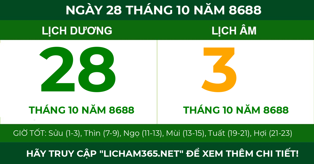 lịch âm ngày 28 tháng 10 năm 8688