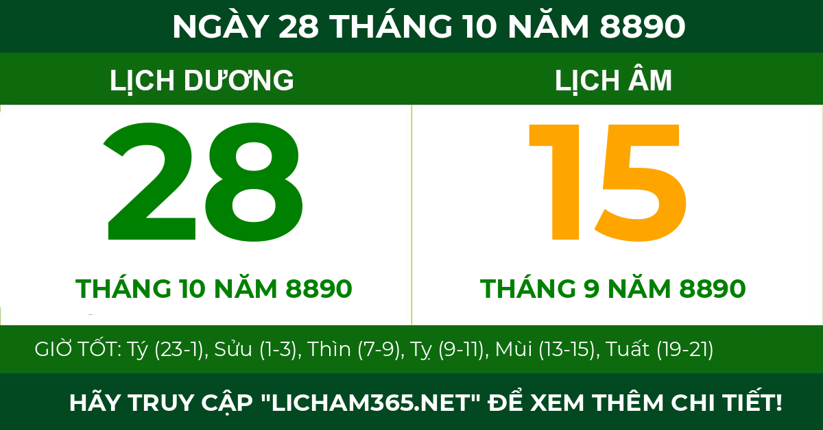 lịch âm ngày 28 tháng 10 năm 8890