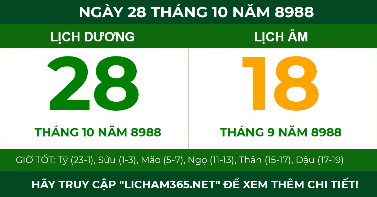 lịch âm ngày 28 tháng 10 năm 8988