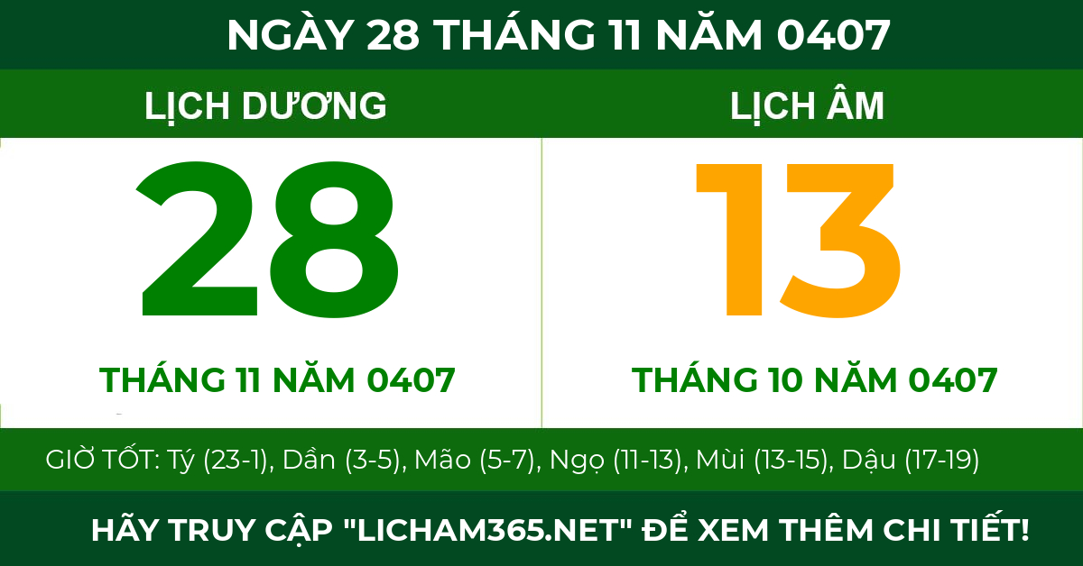 lịch âm ngày 28 tháng 11 năm 0407
