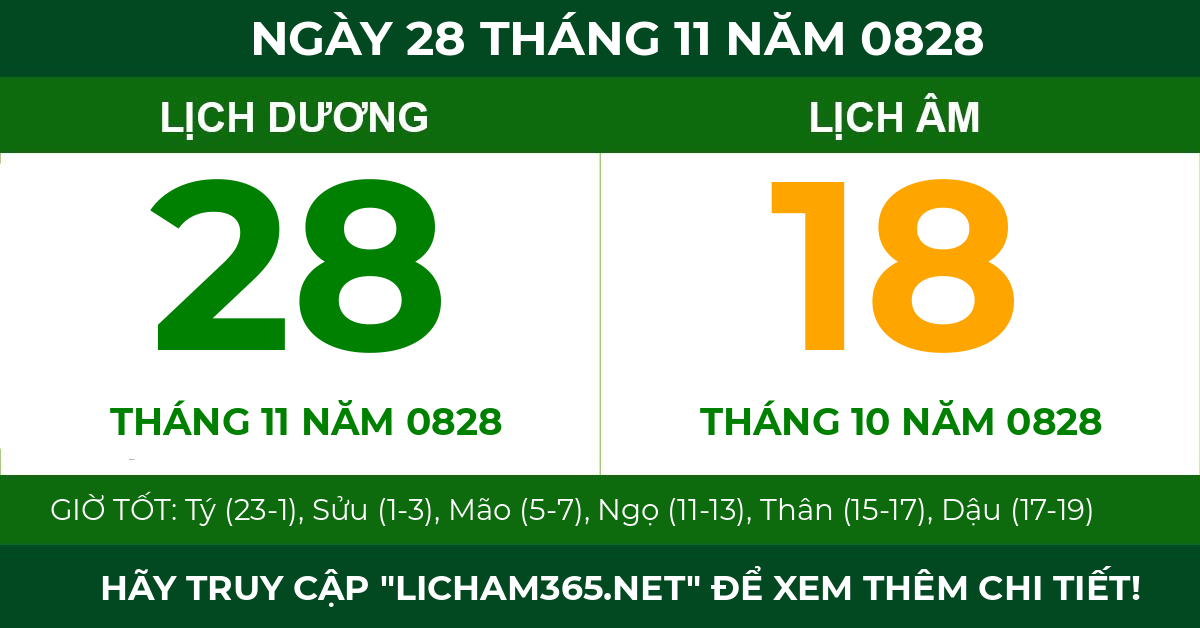lịch âm ngày 28 tháng 11 năm 0828