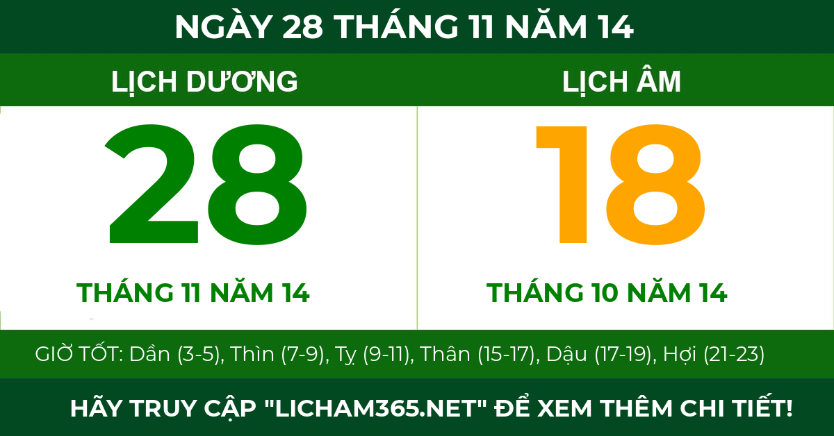lịch âm ngày 28 tháng 11 năm 14