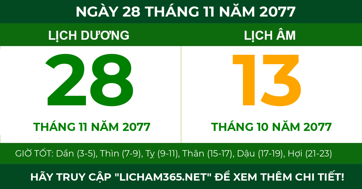lịch âm ngày 28 tháng 11 năm 2077
