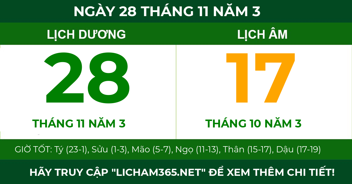 lịch âm ngày 28 tháng 11 năm 3