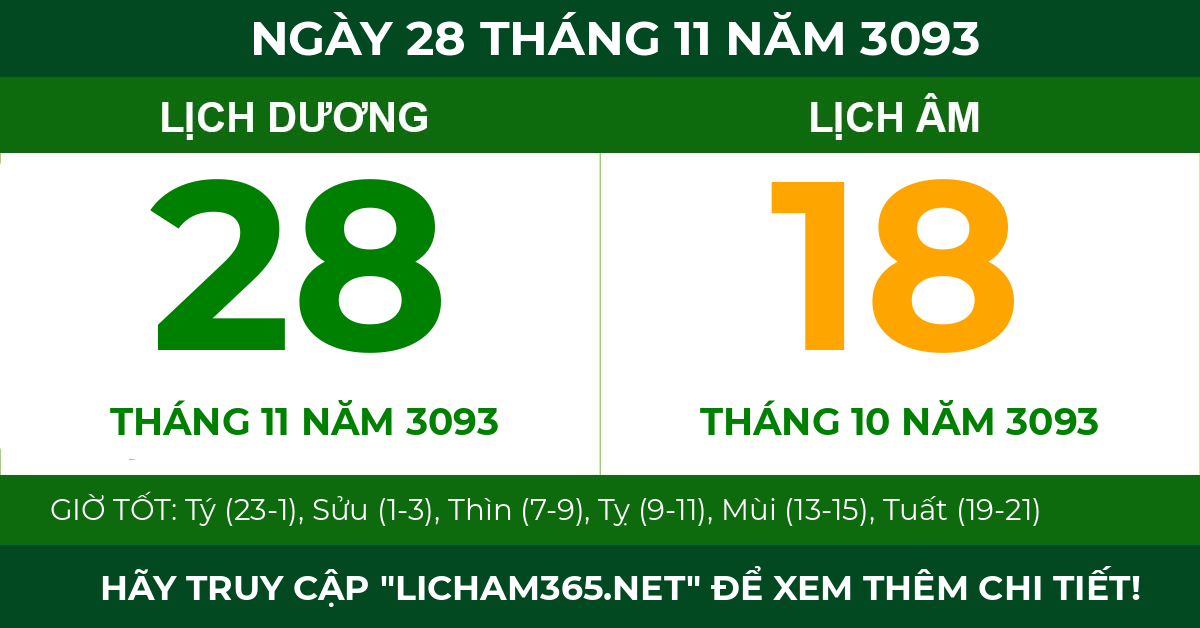 lịch âm ngày 28 tháng 11 năm 3093