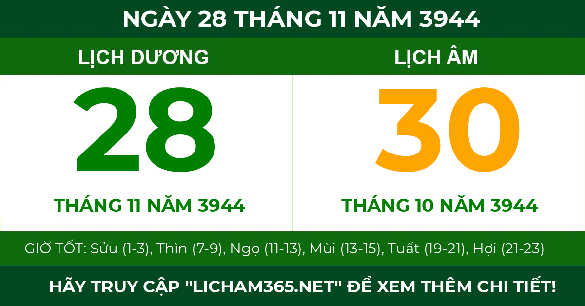 lịch âm ngày 28 tháng 11 năm 3944